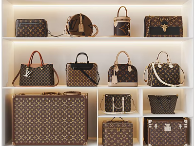Various Styles Of Bags And Suitcases With Classic Pattern Displayed On White Shelves 3d model