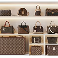 Various Styles Of Bags And Suitcases With Classic Pattern Displayed On White Shelves