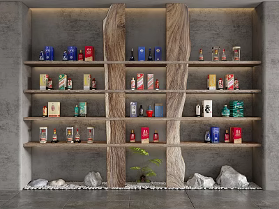 Modern Wine Cabinet Interior With Wooden Shelves Various Wine Bottles Decorative Stones And Small Plant 3d model