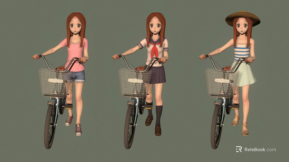 Three Stylish Girls Riding Bicycles With Different Outfits And Hats 3d model 