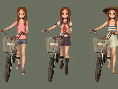 Three Stylish Girls Riding Bicycles With Different Outfits And Hats 3d model