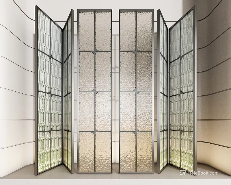 Modern Geometric Screen with Frosted Glass and Metal Frame in Interior Space 3d model 