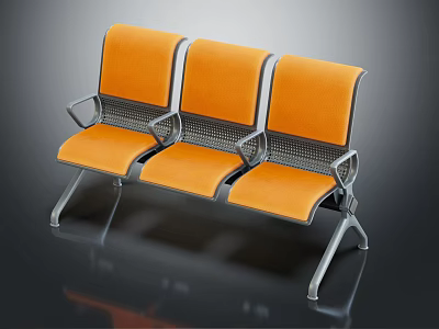 Three Seat Public Chair With Orange Seat Backrest And Metal Frame Design 3d model