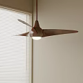 Brown Ceiling Fan Light With Wooden Blades And Window Blinds In Room