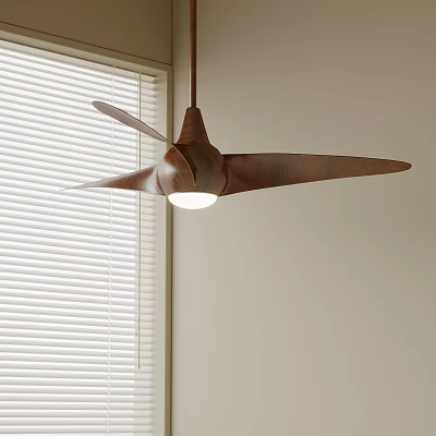 Brown Ceiling Fan Light With Wooden Blades And Window Blinds In Room 3d model