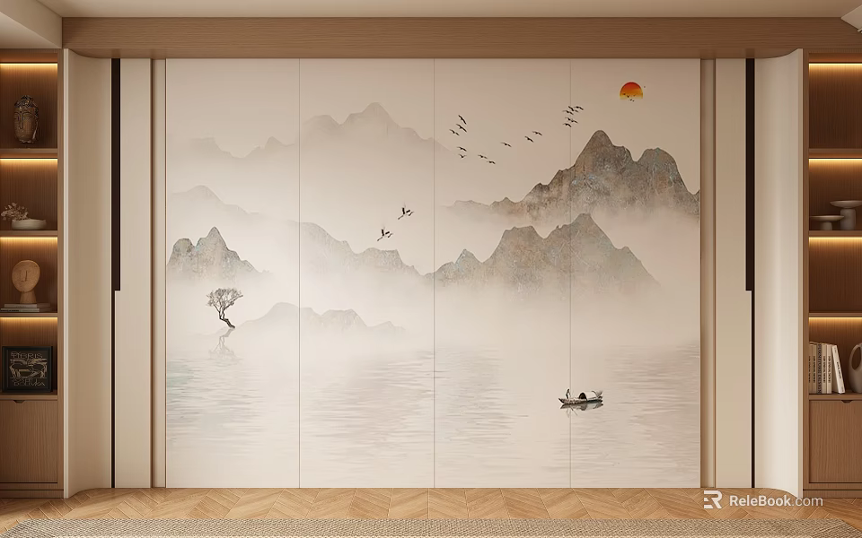 Modern Chinese Landscape Background Wall Design With Mountains Water Boat Birds And Sun 3d model 