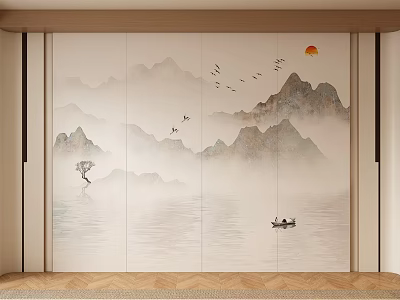 Modern Chinese Landscape Background Wall Design With Mountains Water Boat Birds And Sun 3d model