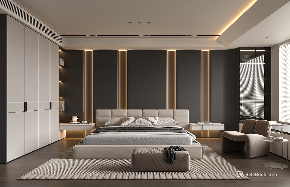 Elegant Modern Bedroom Interior With Large Bed Wardrobe Rug And Lighting Strips 3d model 