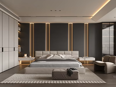 Elegant Modern Bedroom Interior With Large Bed Wardrobe Rug And Lighting Strips 3d model
