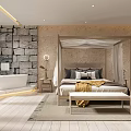 Elegant Modern Hotel Guest Room With Canopy Bed Stone Wall And Bathtub