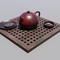 Traditional Red Teapot Tea Set with Wooden Grid Tray Plates and Tea Cake