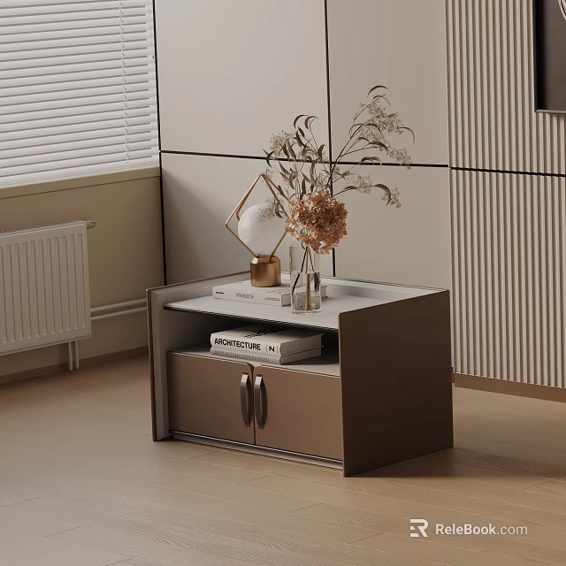 Modern Brown Bedside Table With Drawers Geometric Decor Dried Flowers Book And Window Blinds 3d model 
