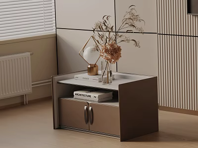 Modern Brown Bedside Table With Drawers Geometric Decor Dried Flowers Book And Window Blinds 3d model