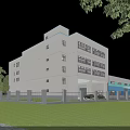 Multi Story Industrial Factory Building With White Exterior Large Windows Front Lawn And Parked Vehicles