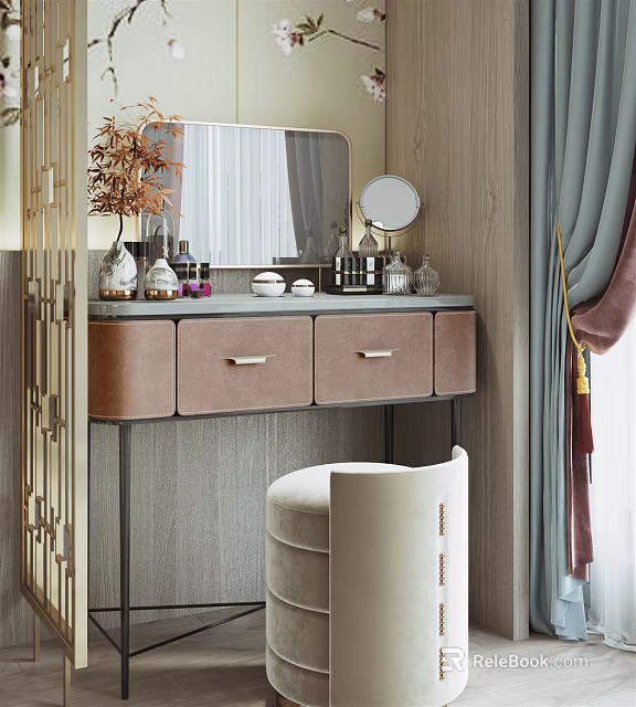 Elegant Modern Dressing Table With Mirror Drawers Cosmetics Stool And Decorative Plant 3d model