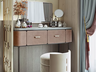 Elegant Modern Dressing Table With Mirror Drawers Cosmetics Stool And Decorative Plant 3d model