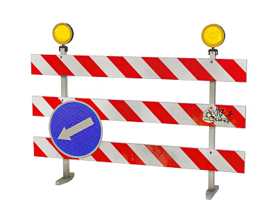 Road Barrier With Red And White Stripes Yellow Warning Lights And Blue Arrow Sign 3d model