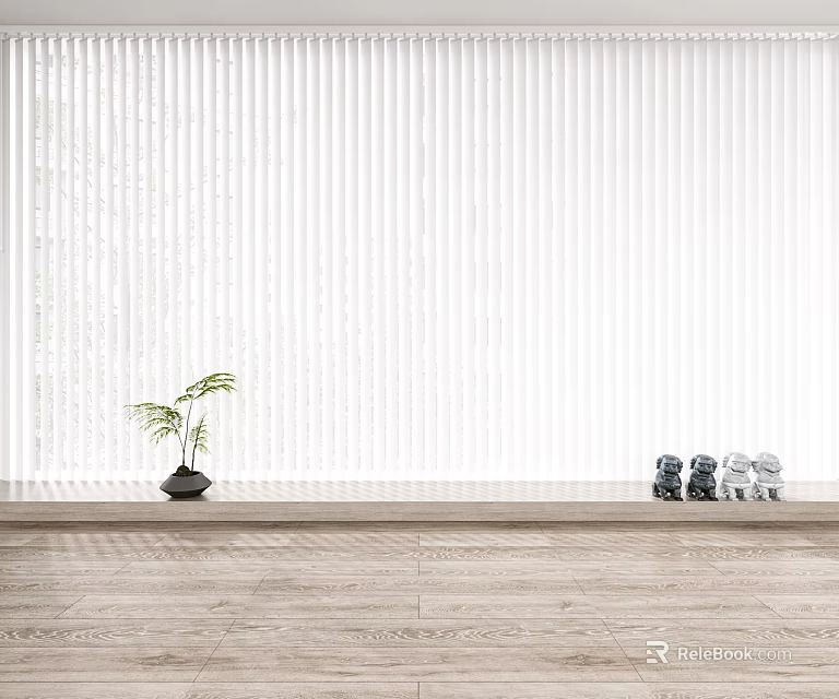 White Venetian Blinds With Green Plant Black Pot And Gray White Vases On Wooden Floor 3d model 