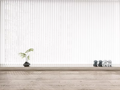 White Venetian Blinds With Green Plant Black Pot And Gray White Vases On Wooden Floor 3d model