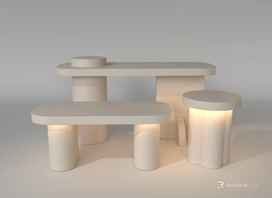 Modern Minimalist White Display Shelves With Built in Lighting And Sleek Cylindrical Base Design 3d model 