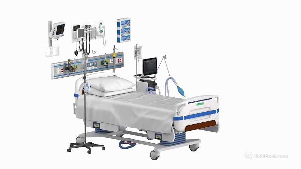 Advanced Hospital Medical Bed With Integrated Monitor IV Stand And Control Panel 3d model 