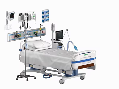 Advanced Hospital Medical Bed With Integrated Monitor IV Stand And Control Panel 3d model