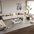 Modern Living Room With Light Colored Sofa And Coffee Table Set Pillows Rug And Decorative Plant