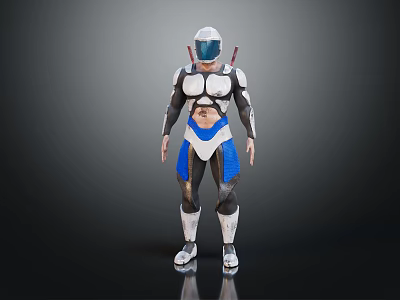 Futuristic Armored Character In Blue White Armor With Helmet And Creature Ally 3d model