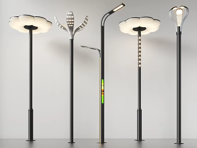 Modern Outdoor Lights With Black Poles And Unique Decorative Tops For Gardens 3d model