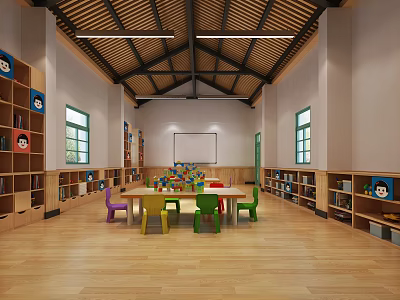 Bright Kindergarten Activity Room Interior With Colorful Chairs Tables Bookshelves Toys And Wooden Floor 3d model