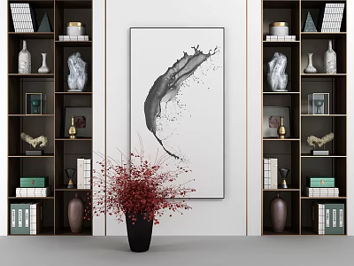 Elegant Modern Bookcase With Shelves Books Decor Vases And Central Ink Painting 3d model