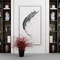 Elegant Modern Bookcase With Shelves Books Decor Vases And Central Ink Painting