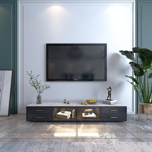 Modern Dark TV Stand with Marble Top Wall Mounted TV Green Plant and Decorative Figurine 3d model 