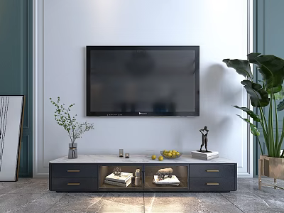Modern Dark TV Stand with Marble Top Wall Mounted TV Green Plant and Decorative Figurine 3d model