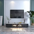 Modern Dark TV Stand with Marble Top Wall Mounted TV Green Plant and Decorative Figurine