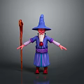 Man Dressed As Wizard With Blue Pointed Hat White Beard Purple Robe And Wooden Staff