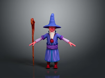 Man Dressed As Wizard With Blue Pointed Hat White Beard Purple Robe And Wooden Staff 3d model