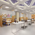 Pediatric Hospital Outpatient Clinic Bright Warm Environment With Purple Ceiling Yellow Columns Tables Chairs