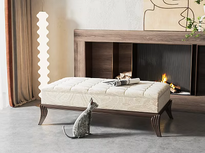 Cozy Living Room Interior With Upholstered Sofa Bench And Cat By Fireplace 3d model