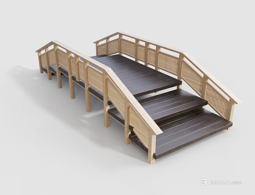 Wooden Landscape Bridge With Steps Railings And Modern Design Structure Elements 3d model