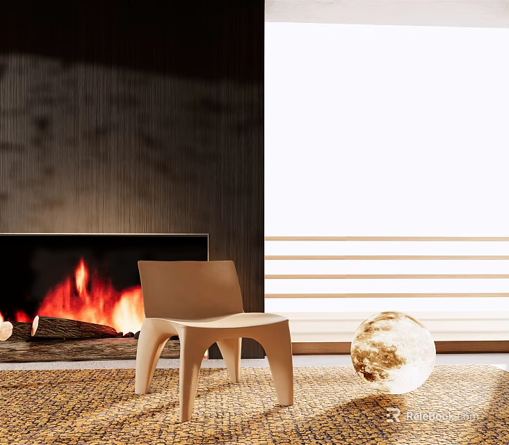 Comfortable Leisure Chair In Living Room With Fireplace Fire Dark Wall And Spherical Decoration 3d model 