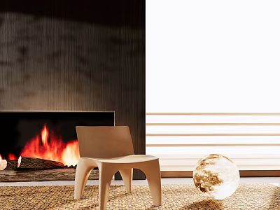 Comfortable Leisure Chair In Living Room With Fireplace Fire Dark Wall And Spherical Decoration 3d model