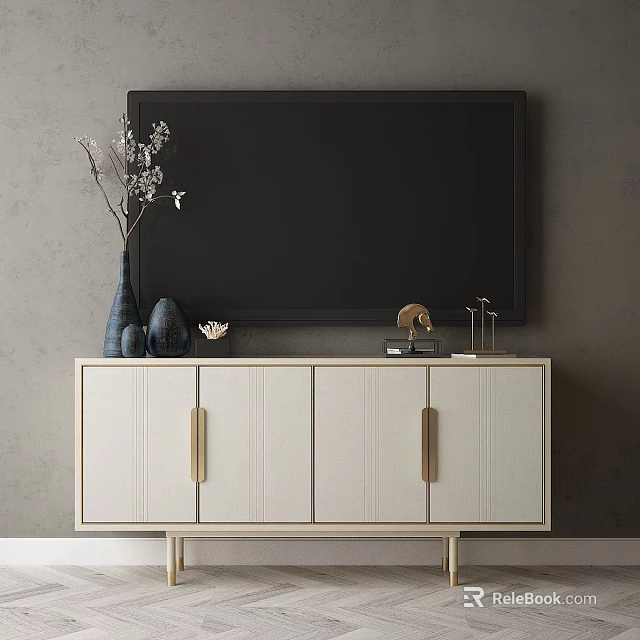White TV Stand With Gold Handles And Decorative Vases Under Black Wall Mounted TV 3d model 
