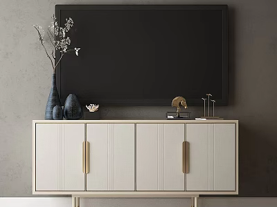 White TV Stand With Gold Handles And Decorative Vases Under Black Wall Mounted TV 3d model
