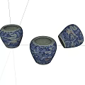 Three Blue and White Ceramic Vessels with Traditional Landscape Patterns Displayed 3d model