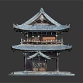 Cartoon Scene of Traditional Chinese Two Story Building With Blue Roof Eaves Columns Pedestal and Reflection