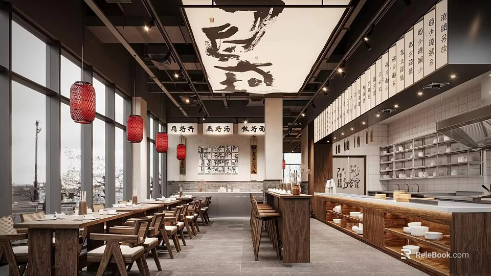 Traditional Chinese Restaurant Interior With Red Lanterns Calligraphy Decor And Wooden Dining Tables 3d model 