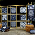 Blue and White Batik Cloths Display on Bamboo Frame With Various Patterns and Baskets 3d model