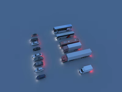 Aerial View of Cars and Trucks with Red Taillights Arranged in Groups on Blue Background 3d model
