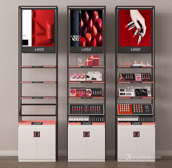 Cosmetics Display Shelves With Brand LOGO And Multi Tiered Lipstick Product Arrangement 3d model 